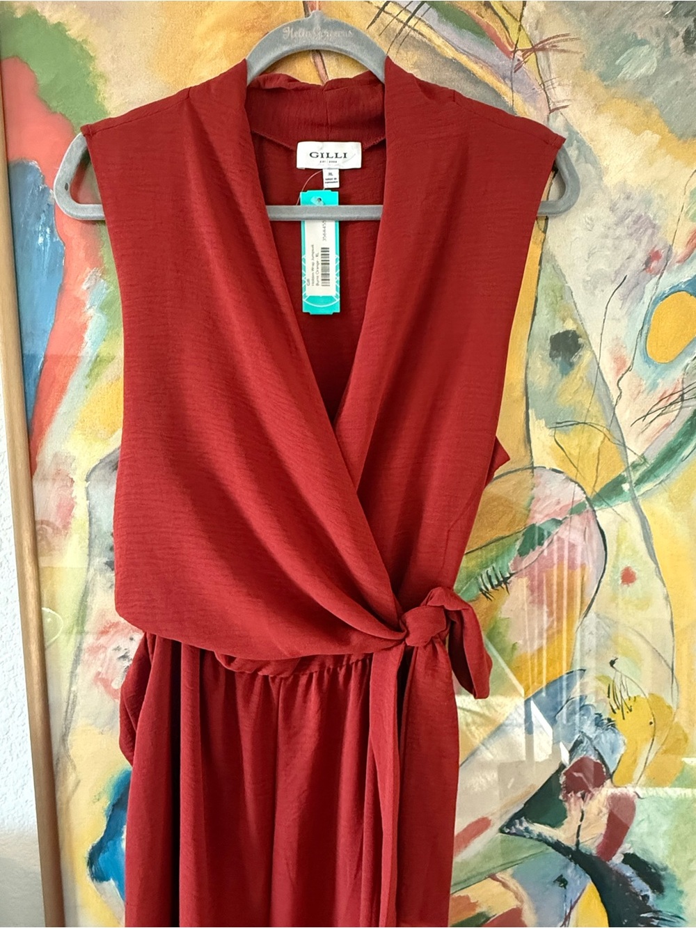 Gilli Brick Red Sleeveless Wrap Midi Dress with Side Knot